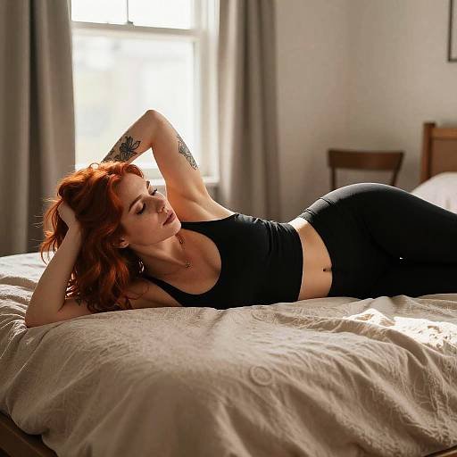 Photograph of a red-haired woman with tattoos, lying on a sunlit bed in black crop top and leggings, hands behind head.