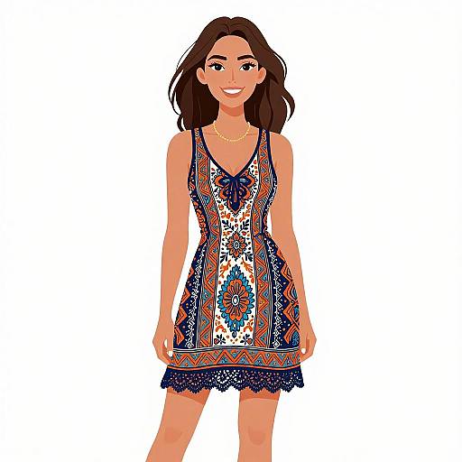 Digital illustration of a smiling woman with medium-length brown hair, wearing a colorful, patterned, sleeveless dress, and a delicate gold necklace.