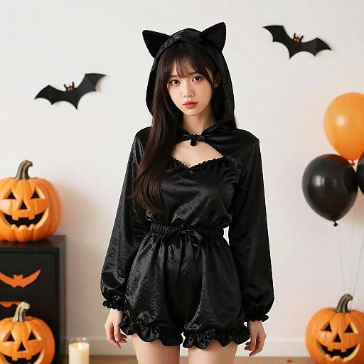 Cozy Woman in Black Cat Costume