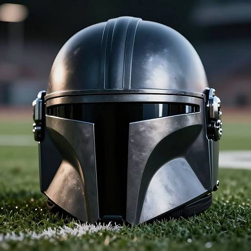 Photograph of a shiny, black Mandalorian helmet with silver accents, centered on green grass with blurred stadium lights in the background.