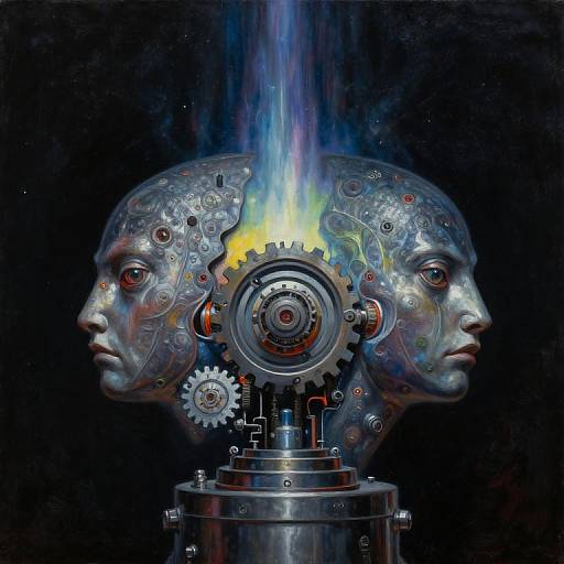 Digital art of a futuristic, robotic human head with exposed gears, cogs, and glowing central mechanism, set against a dark, starry background.