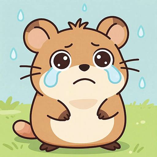 Cute cartoon hamster with tear-filled eyes, small brown paws, and a sad expression, standing on green grass with blue sky and raindrops