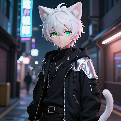 Digital anime-style artwork of a white-haired, green-eyed boy with cat ears and tail, wearing a black jacket with silver shoulder plates, standing on a