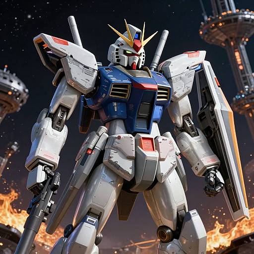 Dynamic CGI image of a white, blue, and red Gundam-style mecha with yellow head fin, standing amidst fiery explosions and space debris.