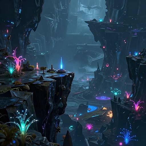 Digital fantasy artwork: a glowing, neon-lit, futuristic cave with floating islands, vibrant bioluminescent plants, and small humanoid figures exploring.