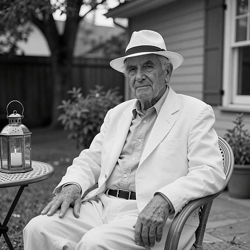 Elderly Man in White Suit on Patio