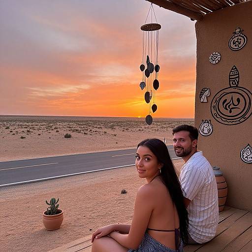 Photograph of a smiling couple seated on a desert porch at sunset, with a potted cactus, hanging ornaments, and a road in the background