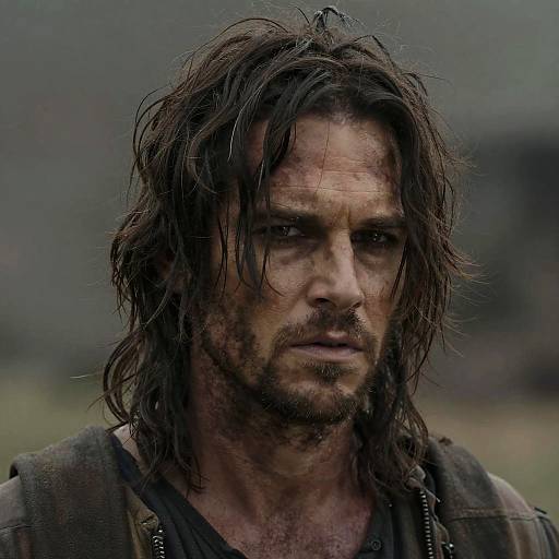 Photograph of a rugged, dirty, long-haired man with a beard and intense expression, wearing a dark, worn-out shirt, against a blurred,