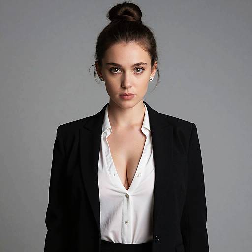 Photograph of a young woman with dark hair in a bun, wearing a black blazer over a white, low-cut button-down shirt, against a