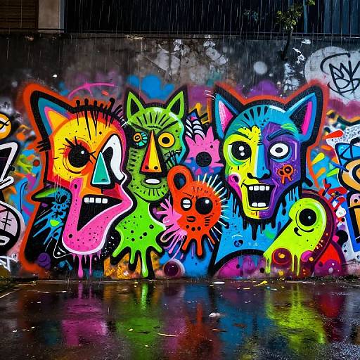 Vibrant graffiti mural of colorful, abstract cat faces with large eyes and exaggerated expressions on a rainy, wet urban wall.
