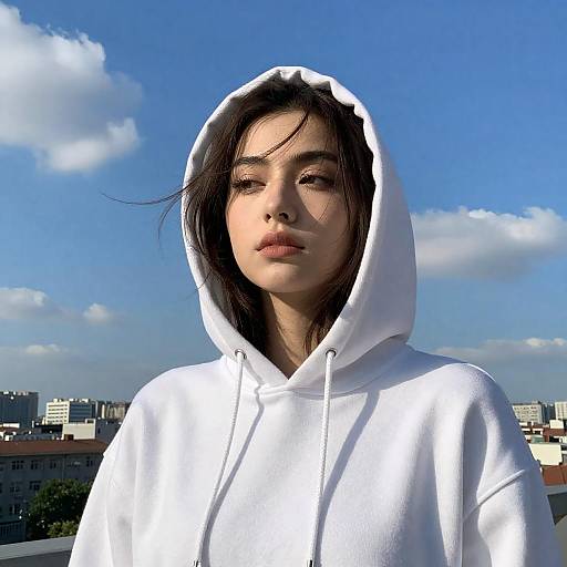 Hooded Woman Against Blue Sky City