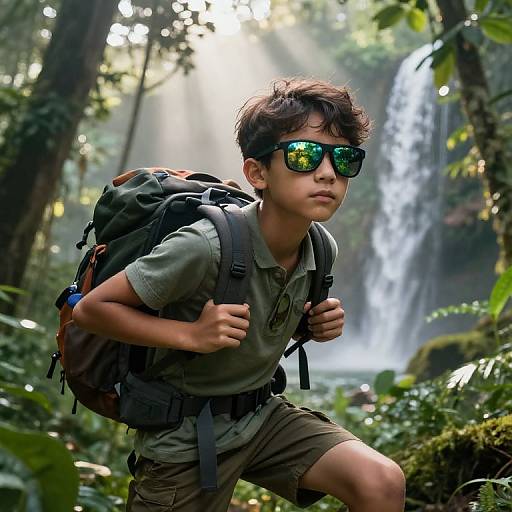 Photograph of a young boy with short brown hair, wearing green sunglasses, grey polo, brown shorts, and a large backpack, crouching in