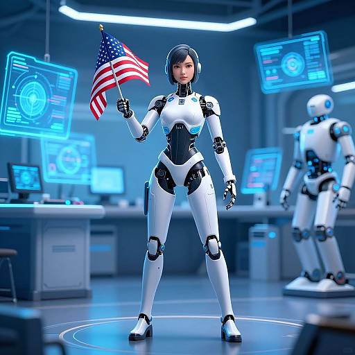 Digital artwork of a futuristic female robot with white and black armor, holding an American flag, standing in a high-tech control room with glowing blue holographic