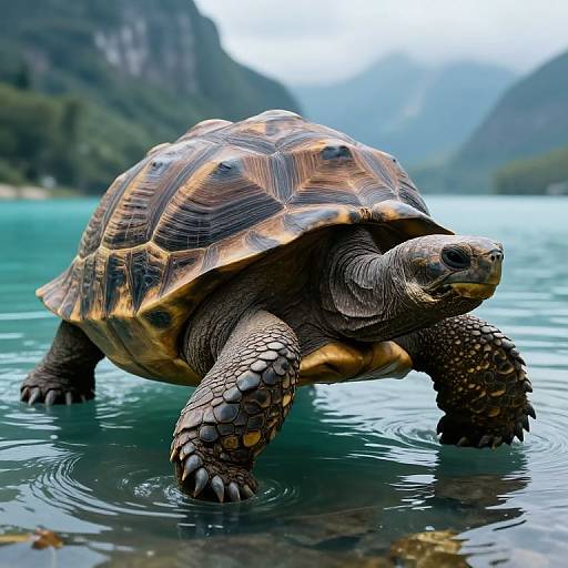 Photograph of a large, brown and yellow-patterned tortoise wading in a turquoise lake, with misty mountains and forest in the background.