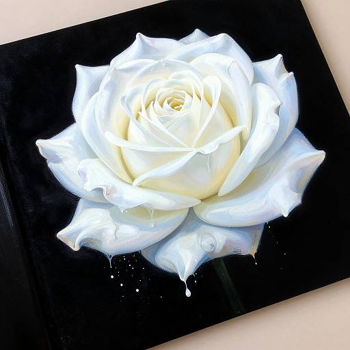 Photograph of a luminous white rose with droplets on a black rectangular canvas, creating a striking contrast.