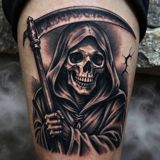 Black and grey tattoo of a grim reaper with a skull face, holding a scythe, wearing a hooded robe, on human thigh.
