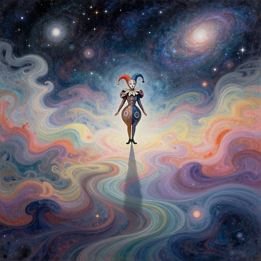 Digital art: Silhouetted, jester-like figure with red and blue hat, standing on swirling, colorful cosmic waves under a starry,