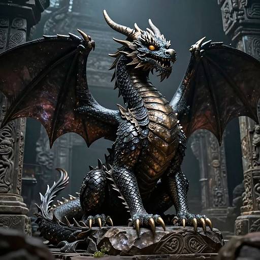 Photorealistic digital art of a powerful, black-scaled dragon with golden underbelly and wings, sitting amidst ancient, ornate stone ruins.