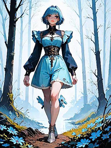 Dark Fantasy Girl in Velvet Romper Walking in Foggy Forest