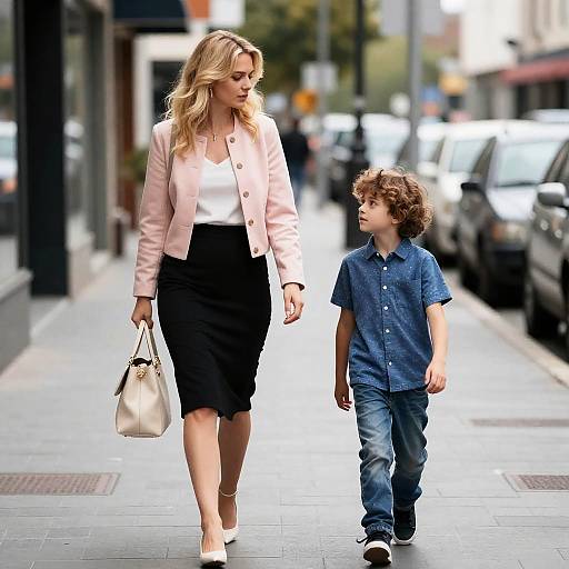 Urban Scene: Mother and Son Strolling