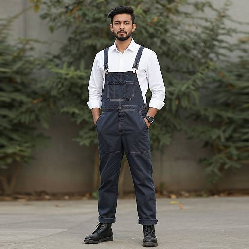 Photograph of a bearded man with dark hair, wearing a white shirt, black denim overalls, and black boots, standing outdoors with greenery