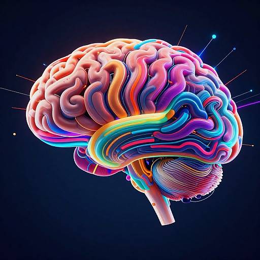 Vibrant, digital CGI illustration of a colorful, neon human brain with swirling, rainbow-colored neural pathways against a dark blue background.