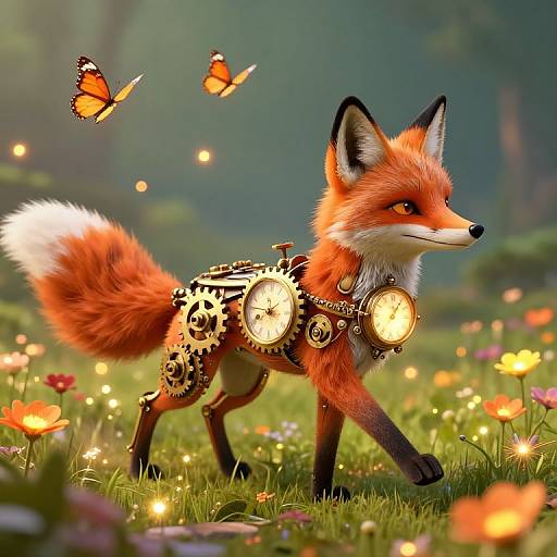 Digital art of a steampunk fox with clock gears, orange fur, and glowing eyes, walking in a magical forest, surrounded by glowing butterflies and