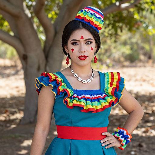 Photograph of a Latina woman in a colorful, ruffled, traditional Mexican dress with red and white accessories, standing outdoors under a tree.