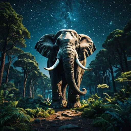 Colossal Stone Elephant Guardian in Lush Forest at Night Colossal Stone Elephant Guardian in Lush Forest at Night