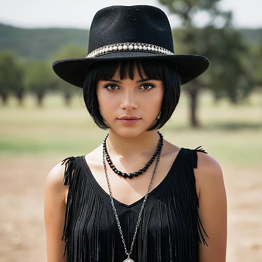 Young Woman in Black Fringe Dress and Hat Outdoors