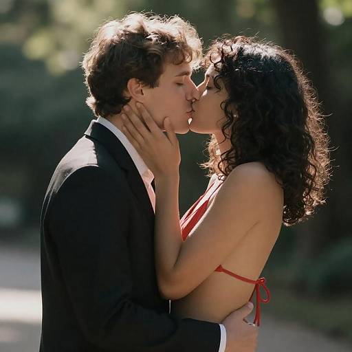 Sunlit Kiss Between Curly-Haired Couple