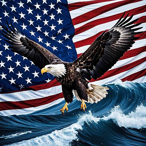 Majestic Bald Eagle with American Flag and Ocean Waves