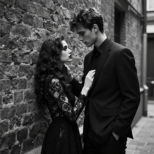 Black-and-white photograph of a curly-haired woman in a lace dress and a man in a suit, standing close in a cobblestone alley against a