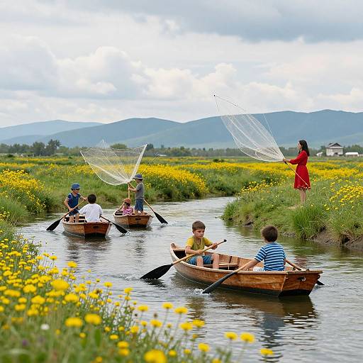 Photograph of a serene river scene with five wooden boats, fishermen using large nets, and a woman in a red dress standing on the bank amidst vibrant