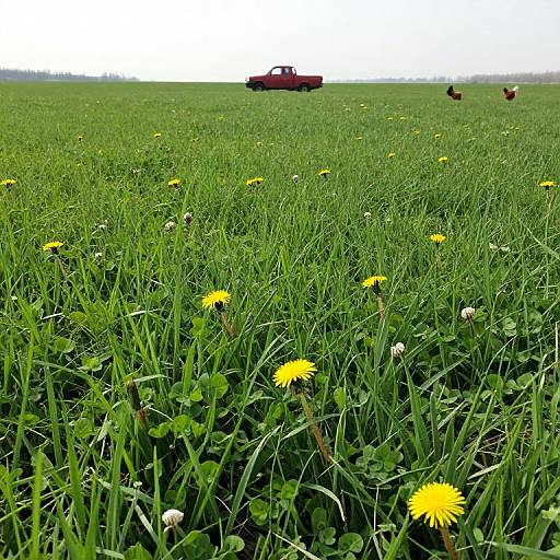 Photograph of a green field with yellow dandelions, a red car in the distance, and two chickens in the right background.