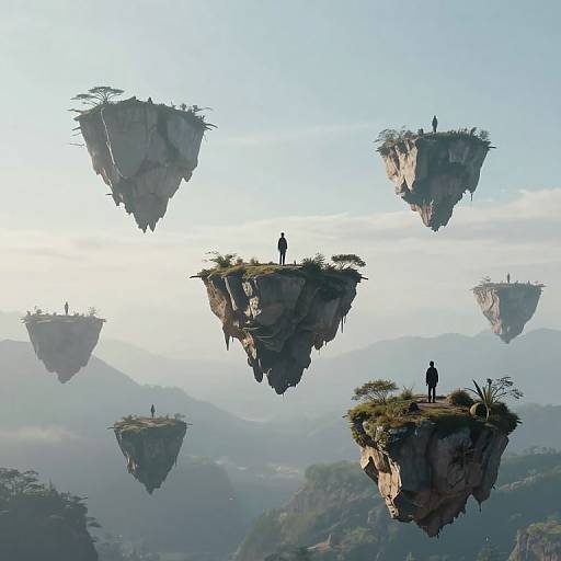 Digital artwork of floating cliff islands with sparse vegetation and solitary figures standing on each, set against a misty mountainous background.