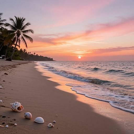 Photograph of a serene beach at sunset with palm trees on the left, gentle waves, and scattered seashells in the foreground.