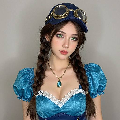Digital art of an anime-style young woman with green eyes, blue puffed-sleeve dress, braided hair, steampunk goggles, and