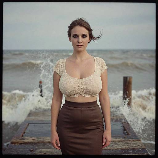 Photograph of a brunette woman with large breasts, wearing a white lace crop top and brown skirt, standing on a wooden pier with waves crashing behind her