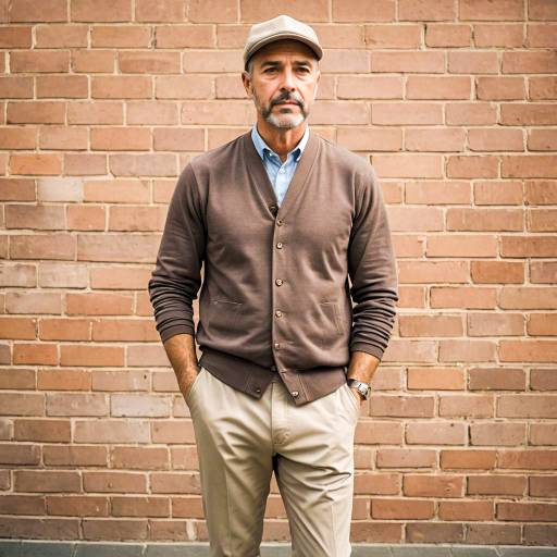 Middle-aged man in baseball-style cardigan and chinos