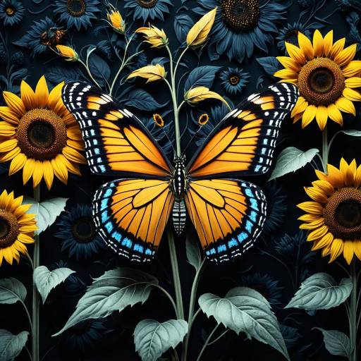 Realistic Painted Butterfly with Sunflowers