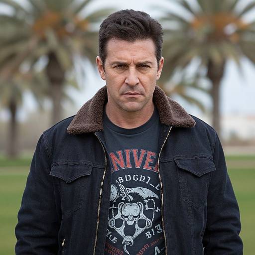 Photograph of a serious-looking middle-aged man with short black hair, wearing a black denim jacket over a 