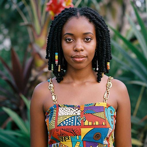 Photograph of a young Black woman with short, twisted dreadlocks wearing a colorful, patterned strapless top, standing against a lush, green tropical