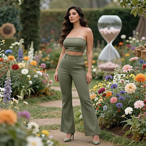 Photograph of a curvy woman with long dark hair in olive-green strapless crop top and high-waisted pants, standing in a vibrant,