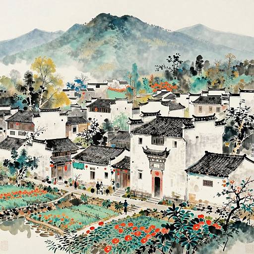 Watercolor-style painting of a quaint, white, traditional village with black-tiled roofs, surrounded by colorful flowers and lush greenery, against a mist