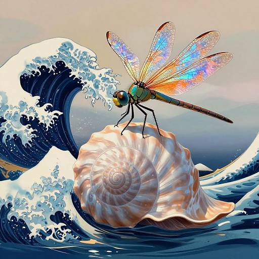 Digital artwork of a vibrant dragonfly with iridescent wings perched on a shell, set against a dynamic ocean wave.