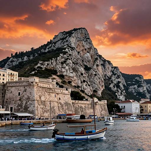 Photograph of a colorful sunset over a rocky Mediterranean coast, featuring small boats in a harbor with stone buildings and a towering mountain.