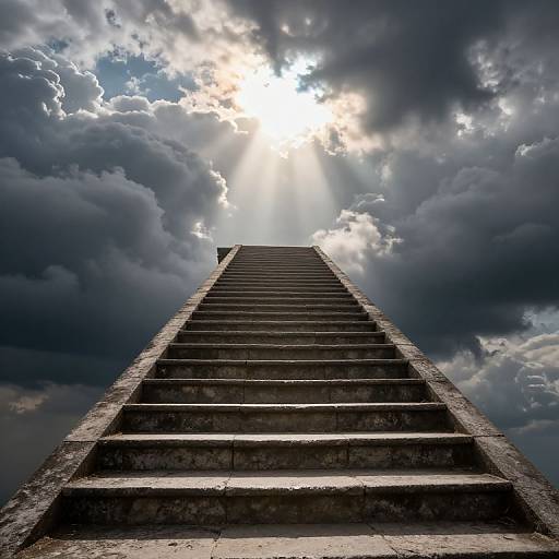 Photograph of a worn, concrete staircase ascending into a dramatic sky with bright sun rays piercing through dense, dark clouds.