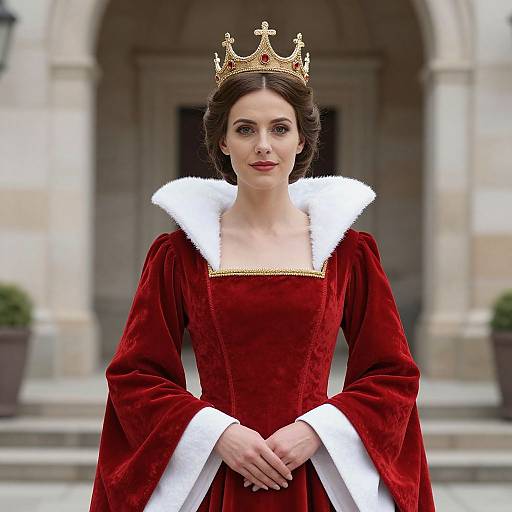 Photograph of a fair-skinned woman with dark hair in a red velvet gown with white fur trim, wearing a gold crown, standing in front of
