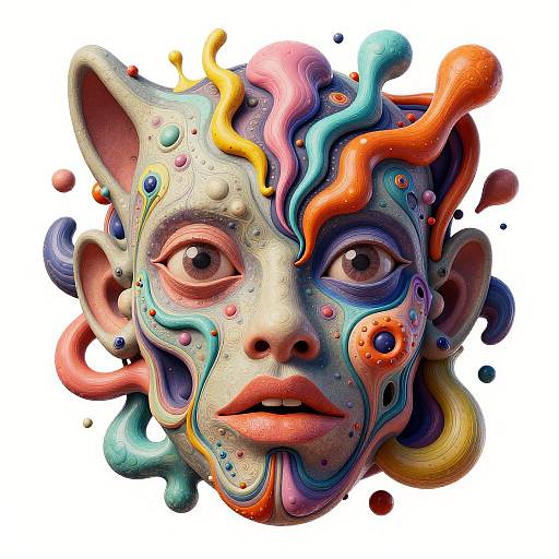 Digital artwork of a surreal, colorful face with large, expressive eyes, abstract swirls, and vibrant colors blending pink, blue, orange, and yellow